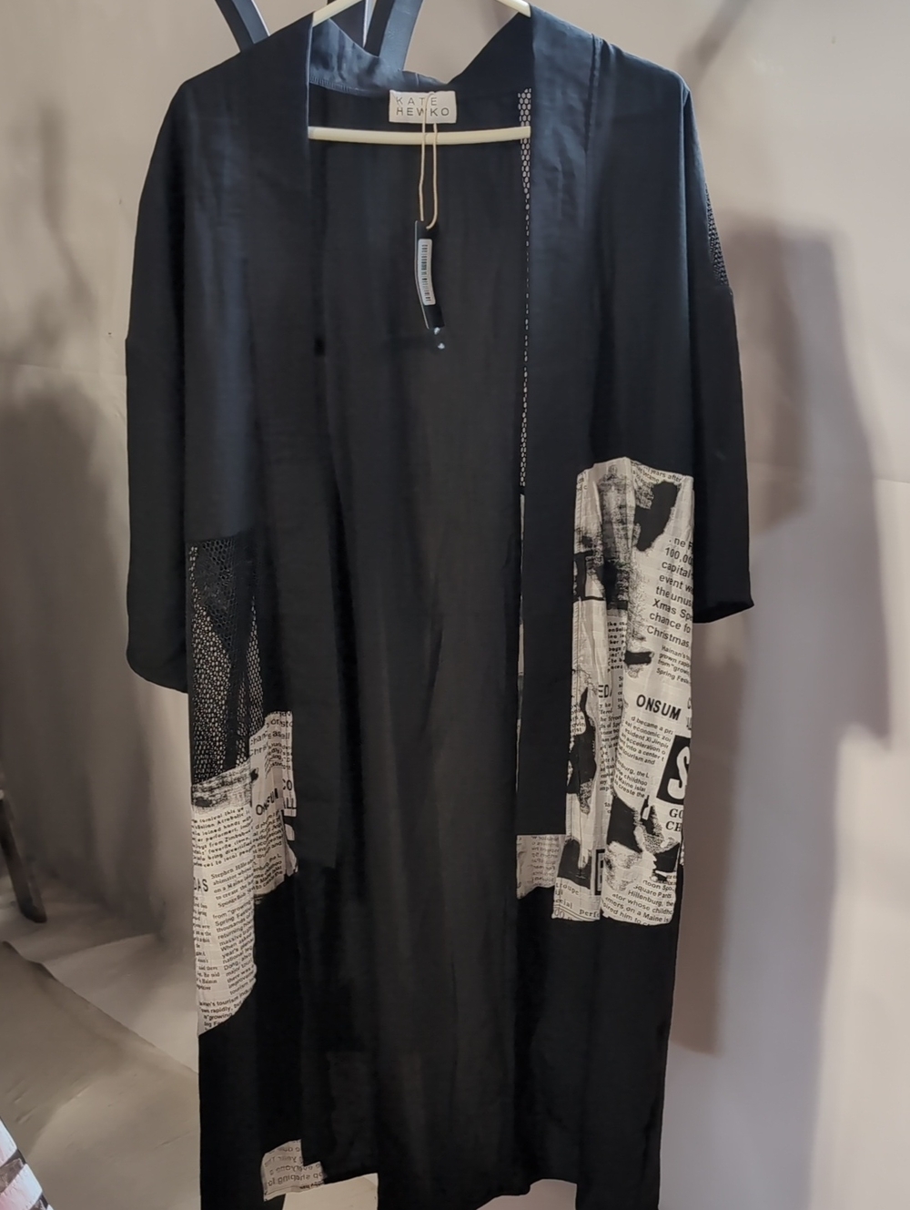 Kate Hewko Newsprint Open Front Mesh Kimono – NEW, One Size